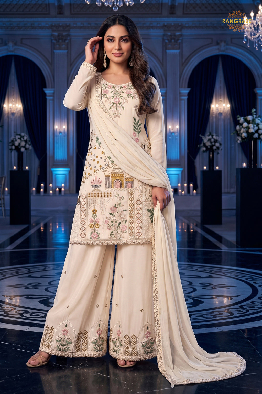 Off White Stitched Stitched Palazzo Suit