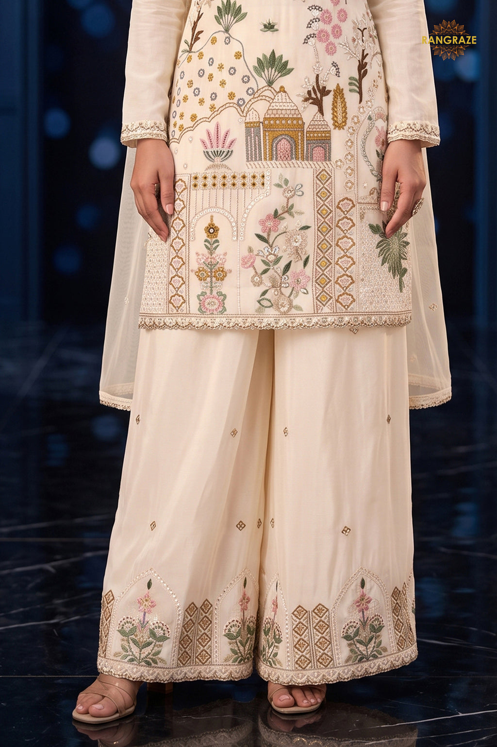 Off White Stitched Stitched Palazzo Suit