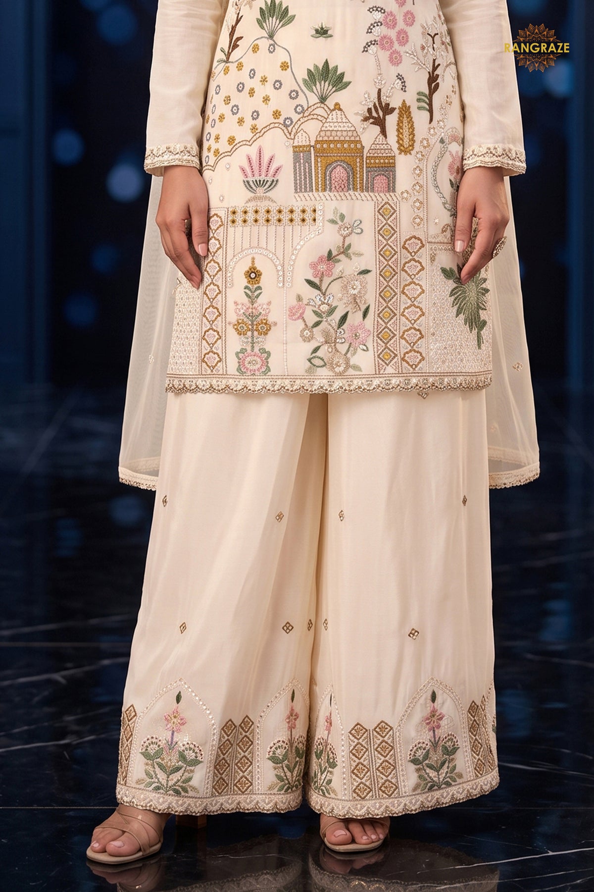 Off White Stitched Stitched Palazzo Suit