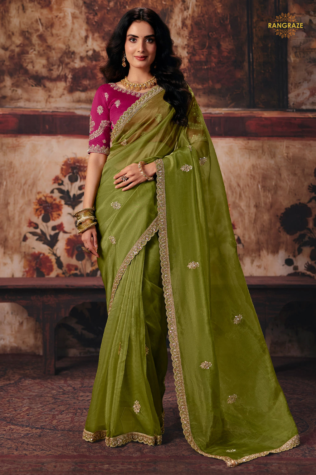 Olive Green Designer Organza Saree With Embroidered Blouse