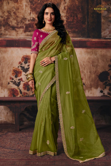 Olive Green Designer Organza Saree With Embroidered Blouse