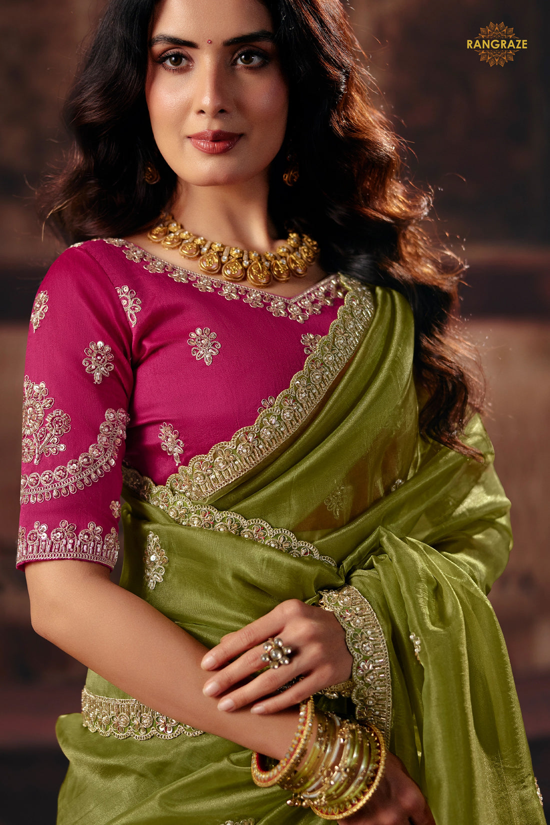 Olive Green Designer Organza Saree With Embroidered Blouse