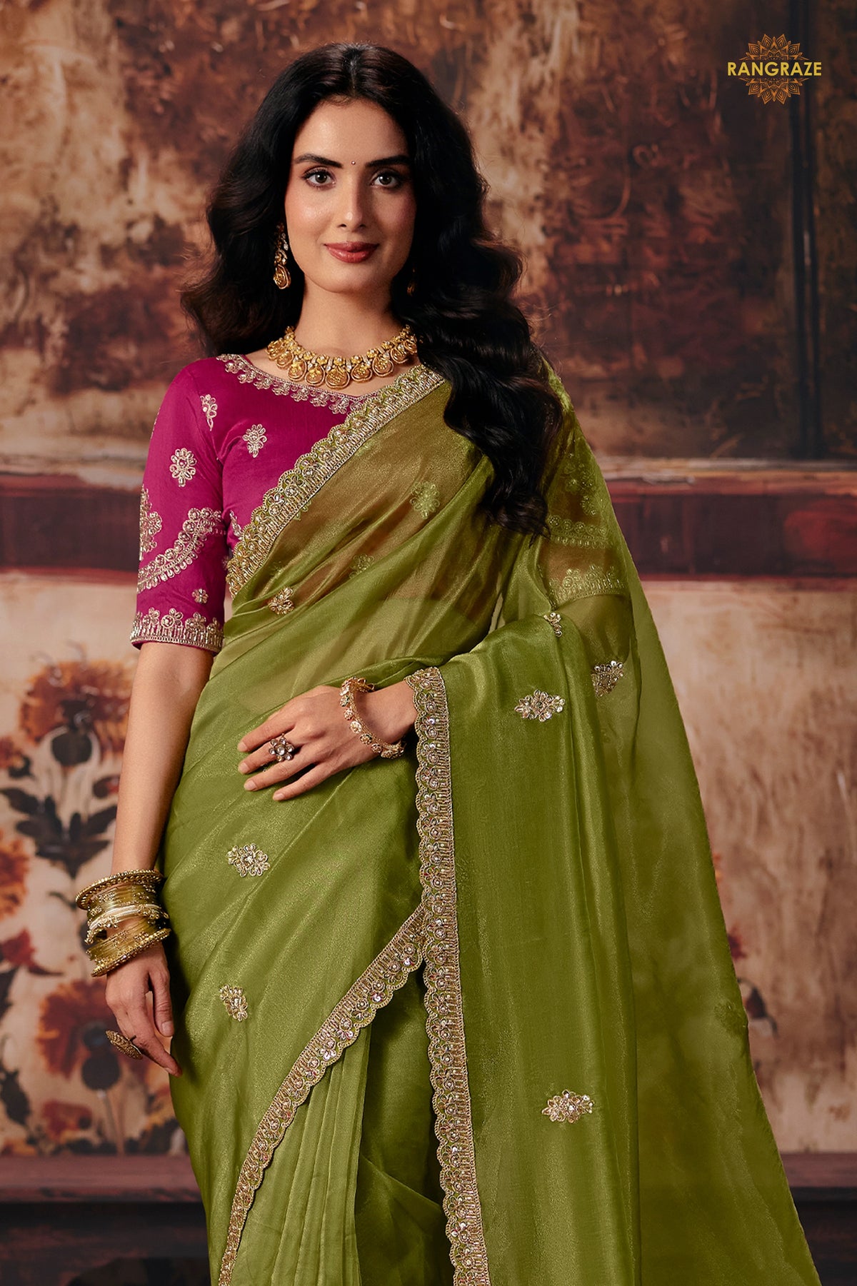 Olive Green Designer Organza Saree With Embroidered Blouse