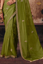 Olive Green Designer Organza Saree With Embroidered Blouse