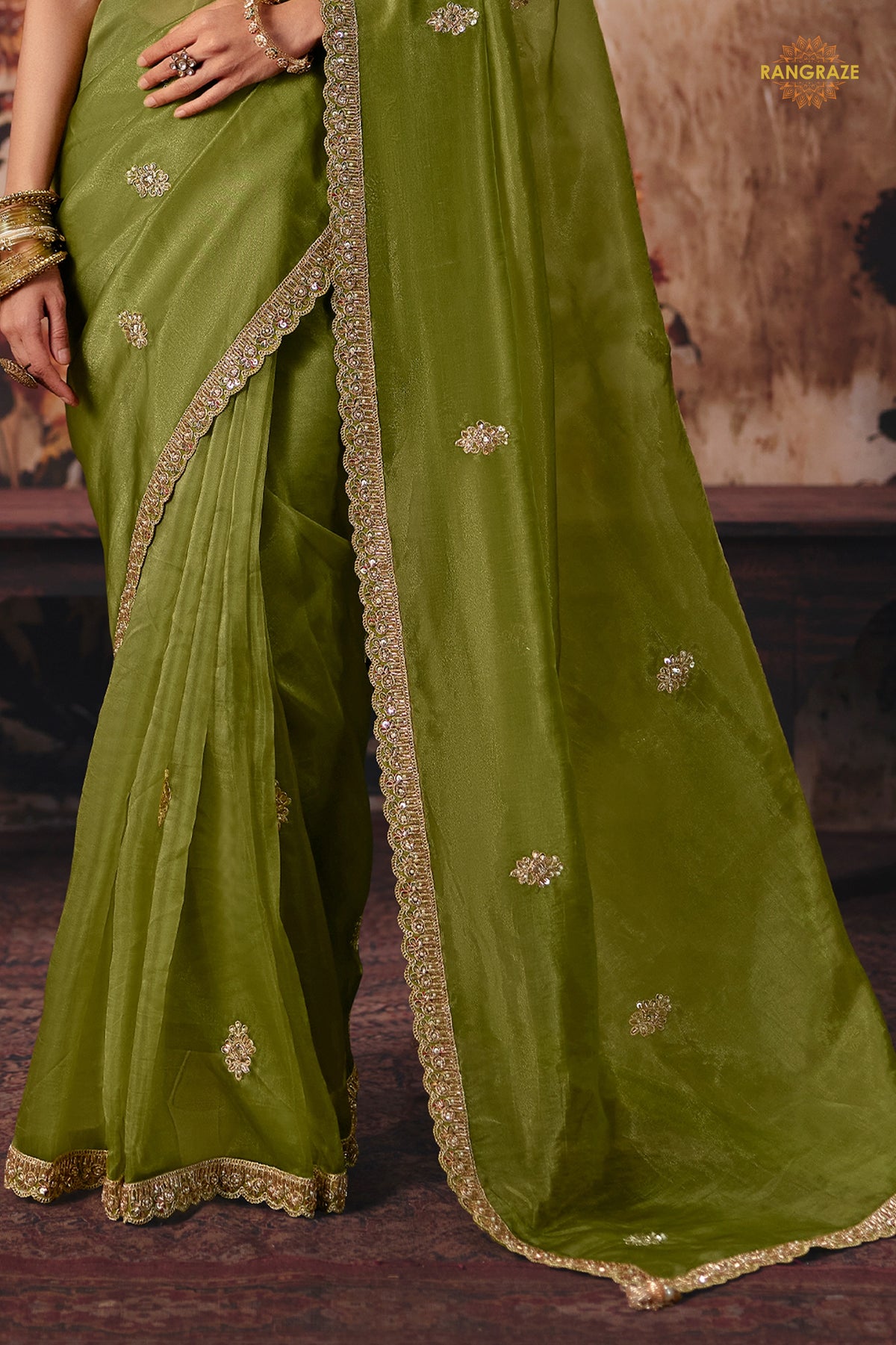 Olive Green Designer Organza Saree With Embroidered Blouse