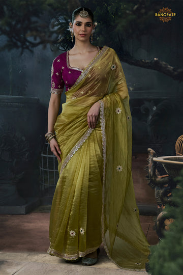 Olive Green Embroidered Tissue Organza Saree