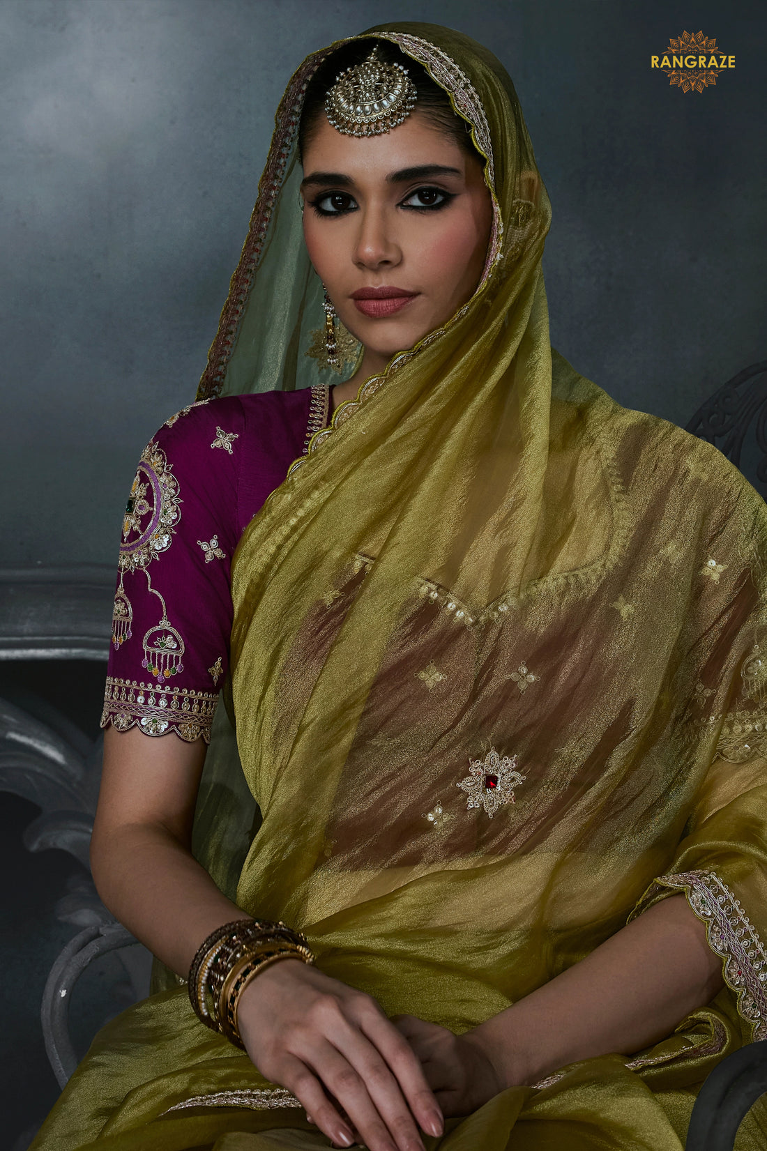 Olive Green Embroidered Tissue Organza Saree