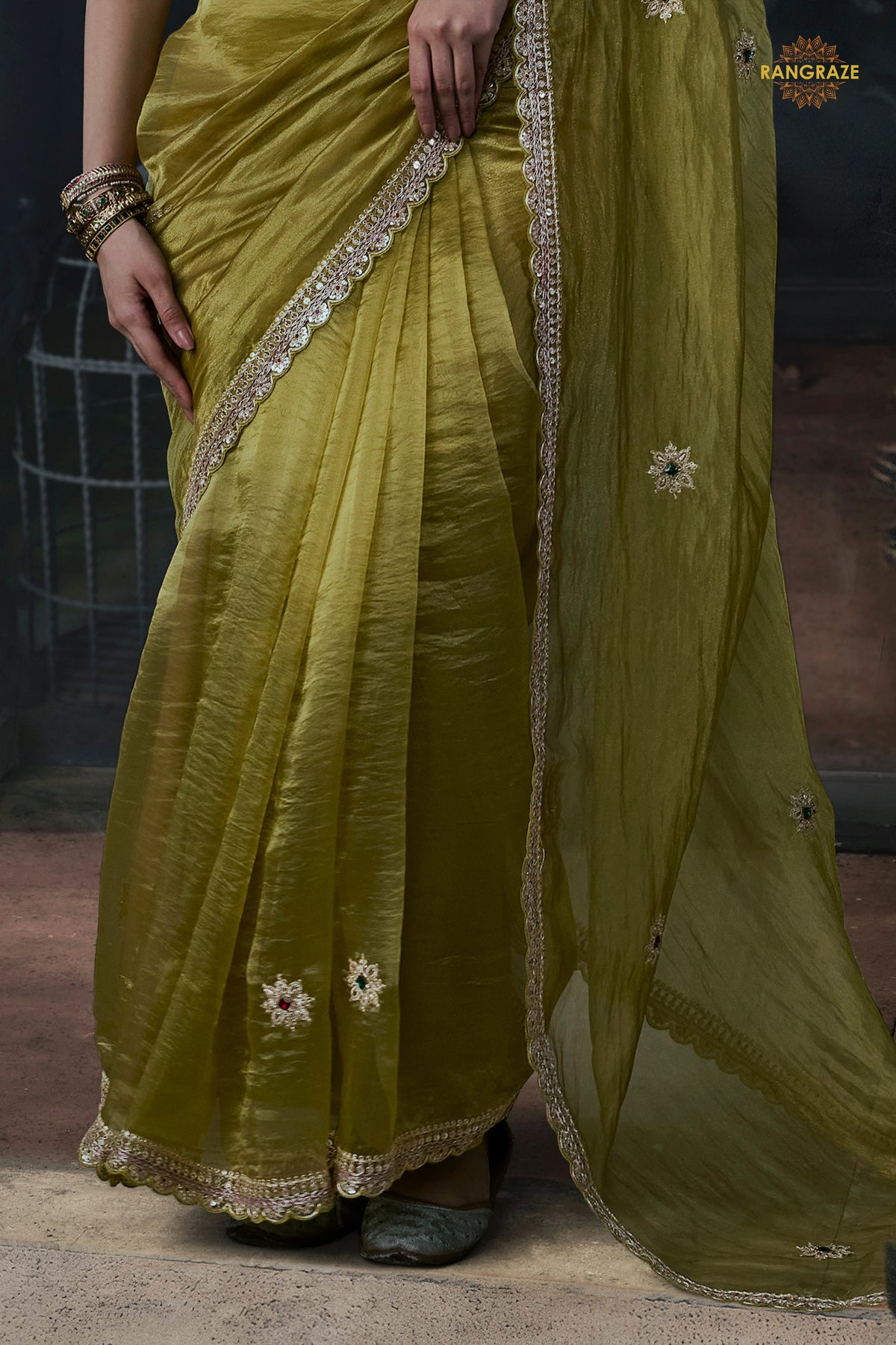 Olive Green Embroidered Tissue Organza Saree