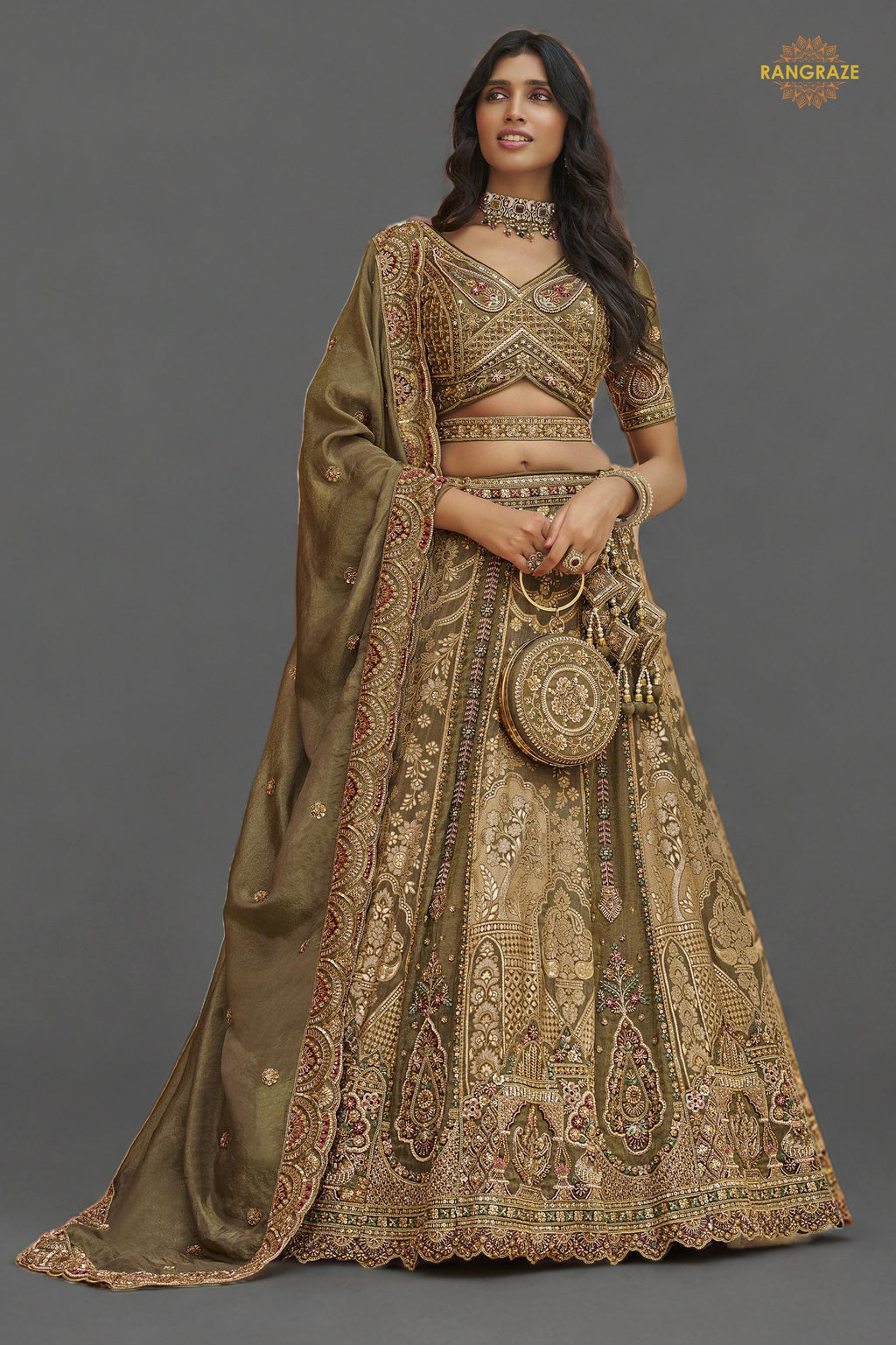 Olive Green Heavy Work Banarasi Silk Lehenga With Clutch
