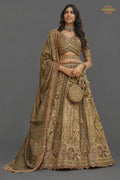 Olive Green Heavy Work Banarasi Silk Lehenga With Clutch