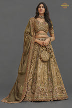 Olive Green Heavy Work Banarasi Silk Lehenga With Clutch