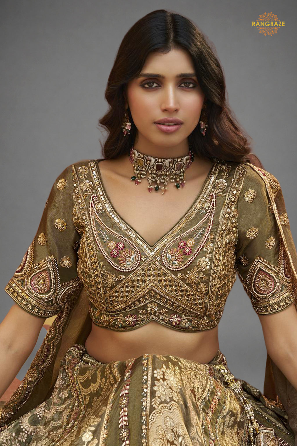 Olive Green Heavy Work Banarasi Silk Lehenga With Clutch