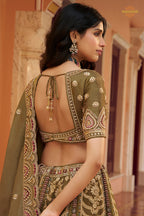 Olive Green Heavy Work Banarasi Silk Lehenga With Clutch
