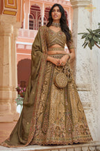 Olive Green Heavy Work Banarasi Silk Lehenga With Clutch
