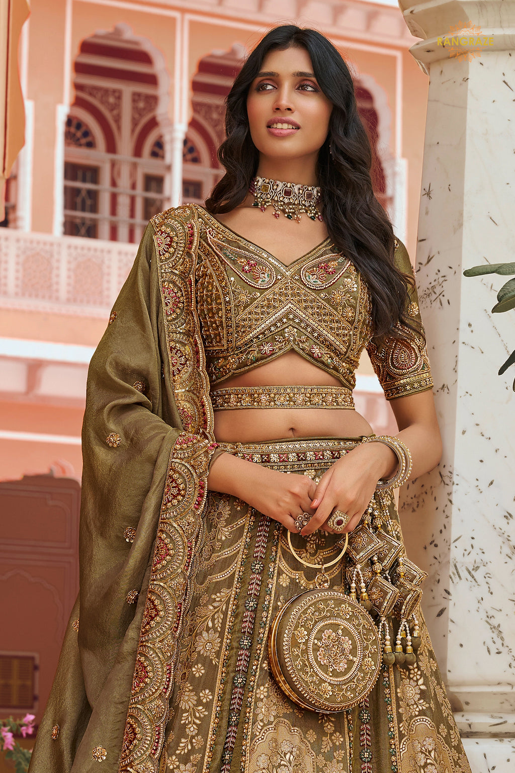 Olive Green Heavy Work Banarasi Silk Lehenga With Clutch