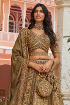 Olive Green Heavy Work Banarasi Silk Lehenga With Clutch