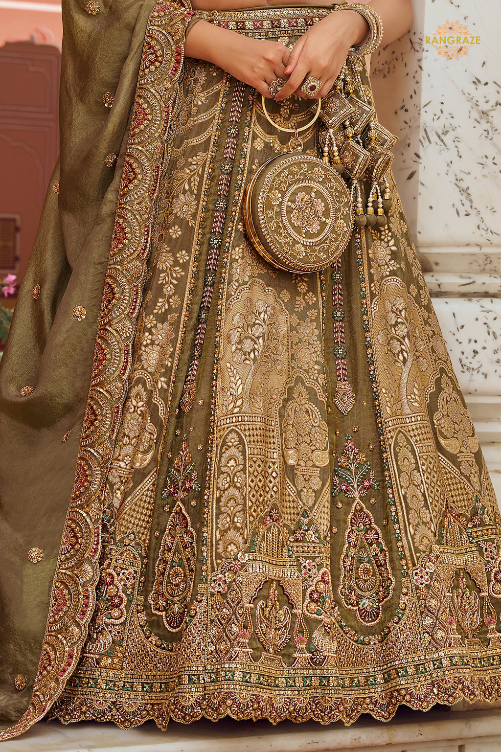 Olive Green Heavy Work Banarasi Silk Lehenga With Clutch