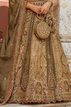 Olive Green Heavy Work Banarasi Silk Lehenga With Clutch