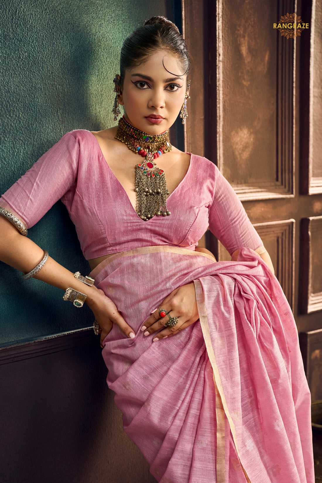 Onion Pink Woven Munga Cotton Saree