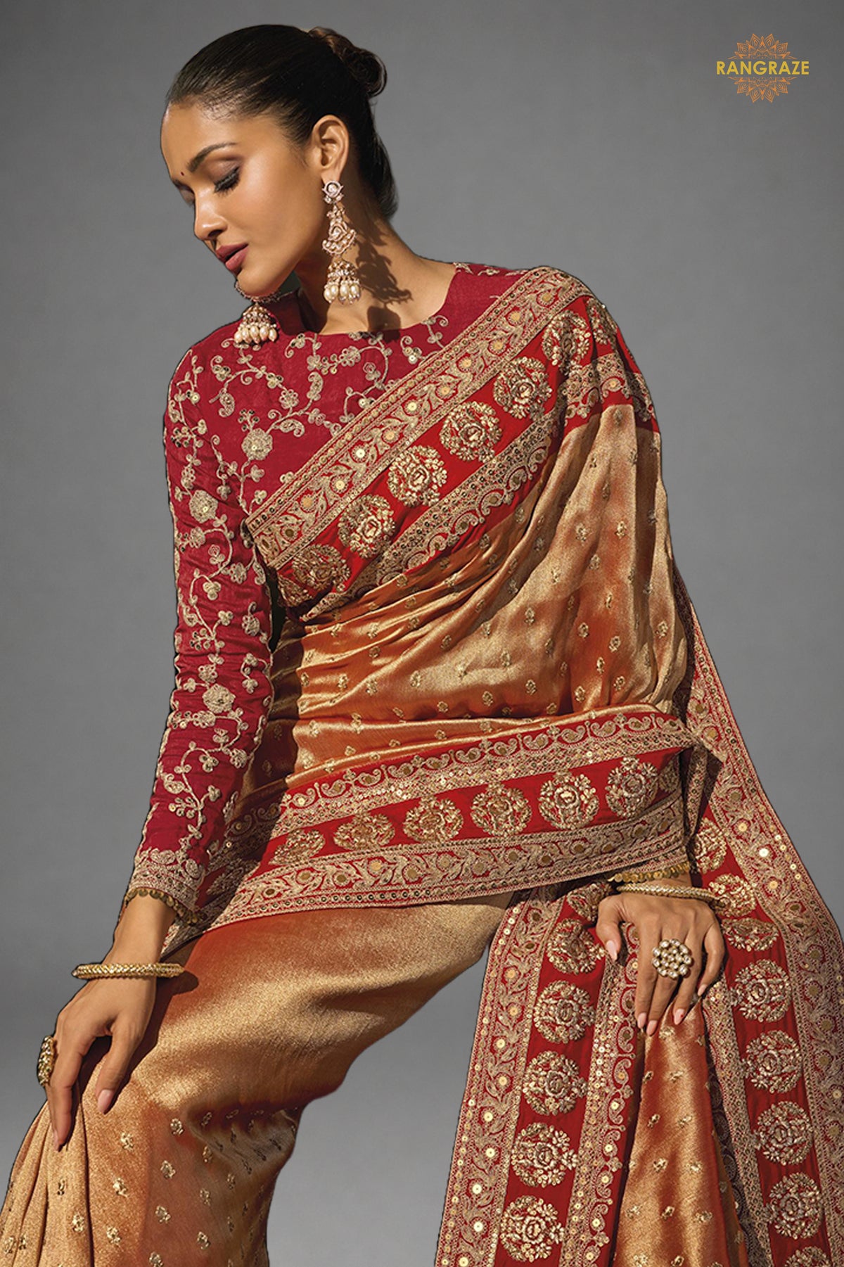 Orange And Red Embroidered Silk Saree