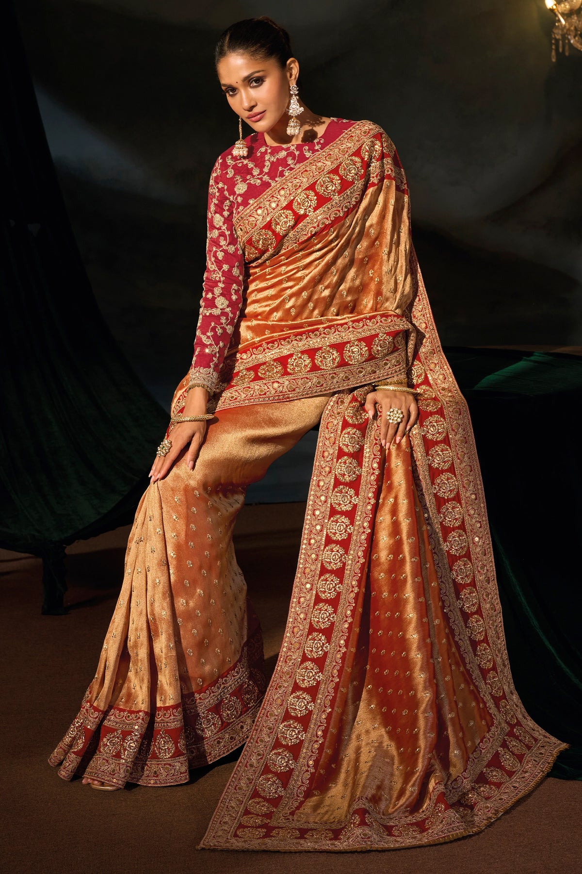Orange And Red Embroidered Silk Saree