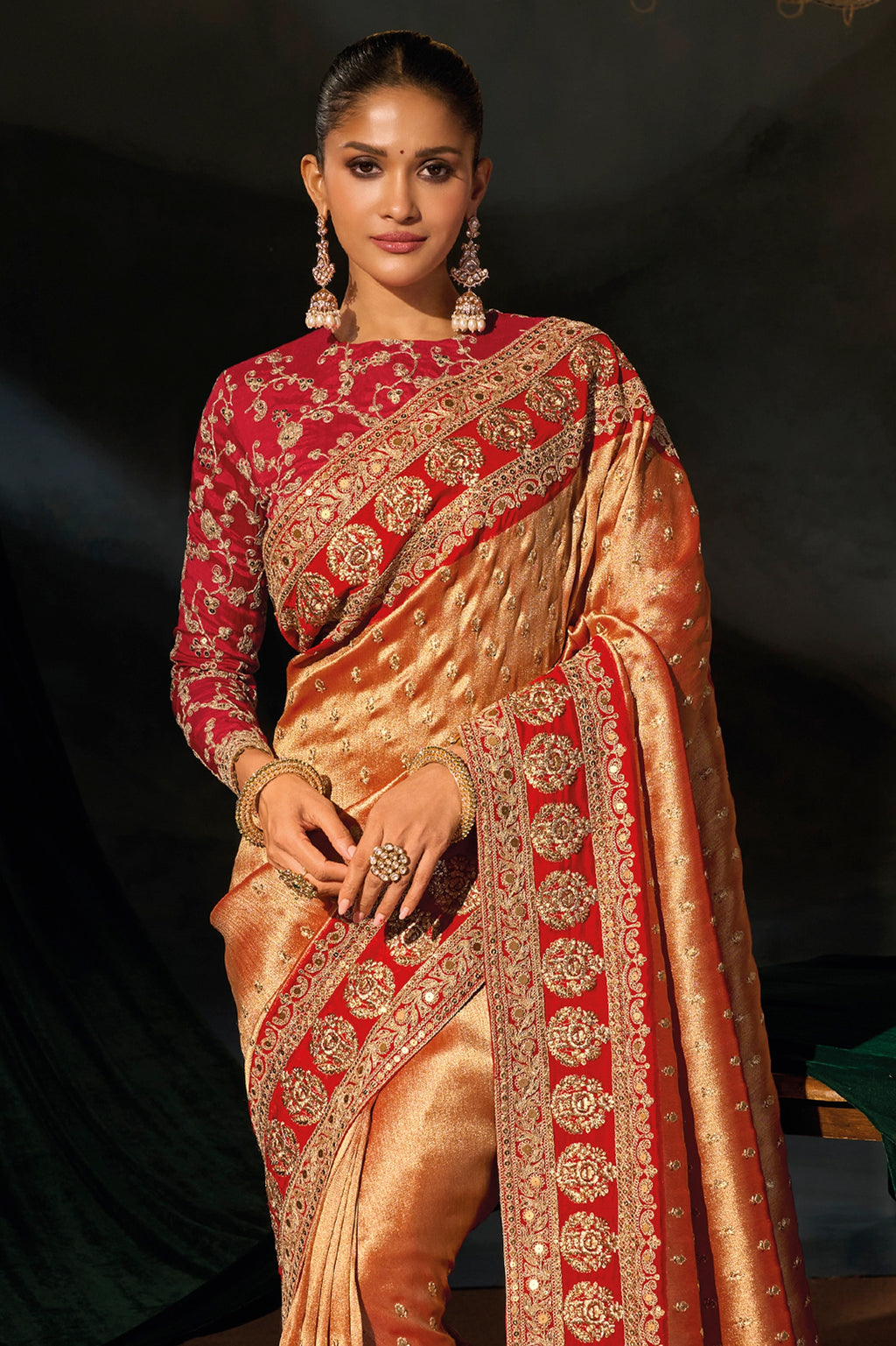 Orange And Red Embroidered Silk Saree