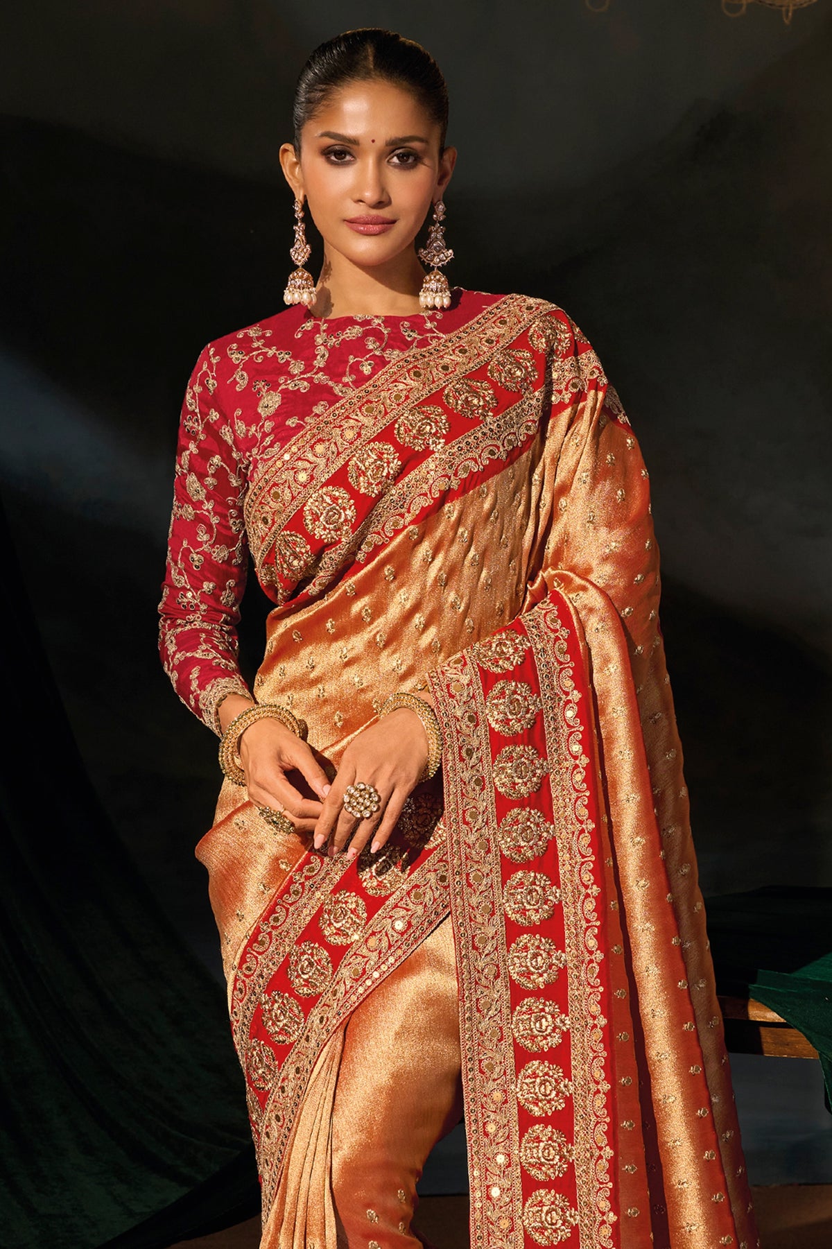 Orange And Red Embroidered Silk Saree