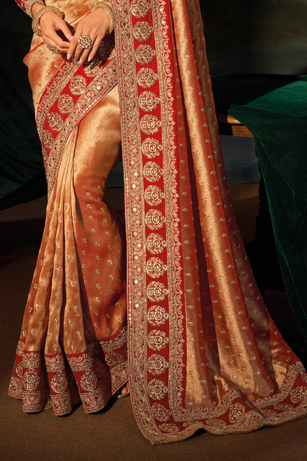 Orange And Red Embroidered Silk Saree
