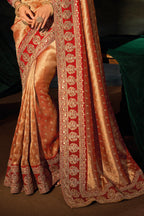 Orange And Red Embroidered Silk Saree