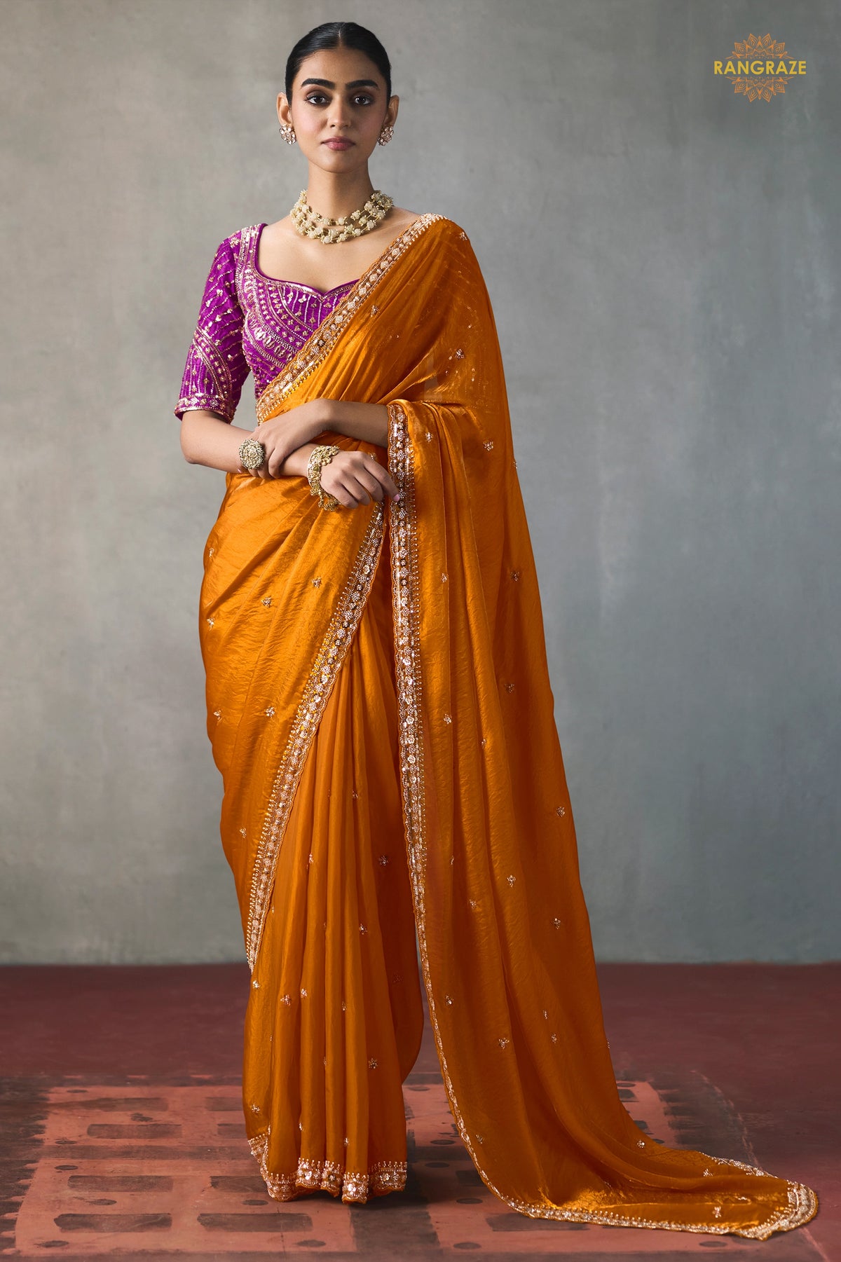 Orange Bead Work Sheer Texture Silk Saree