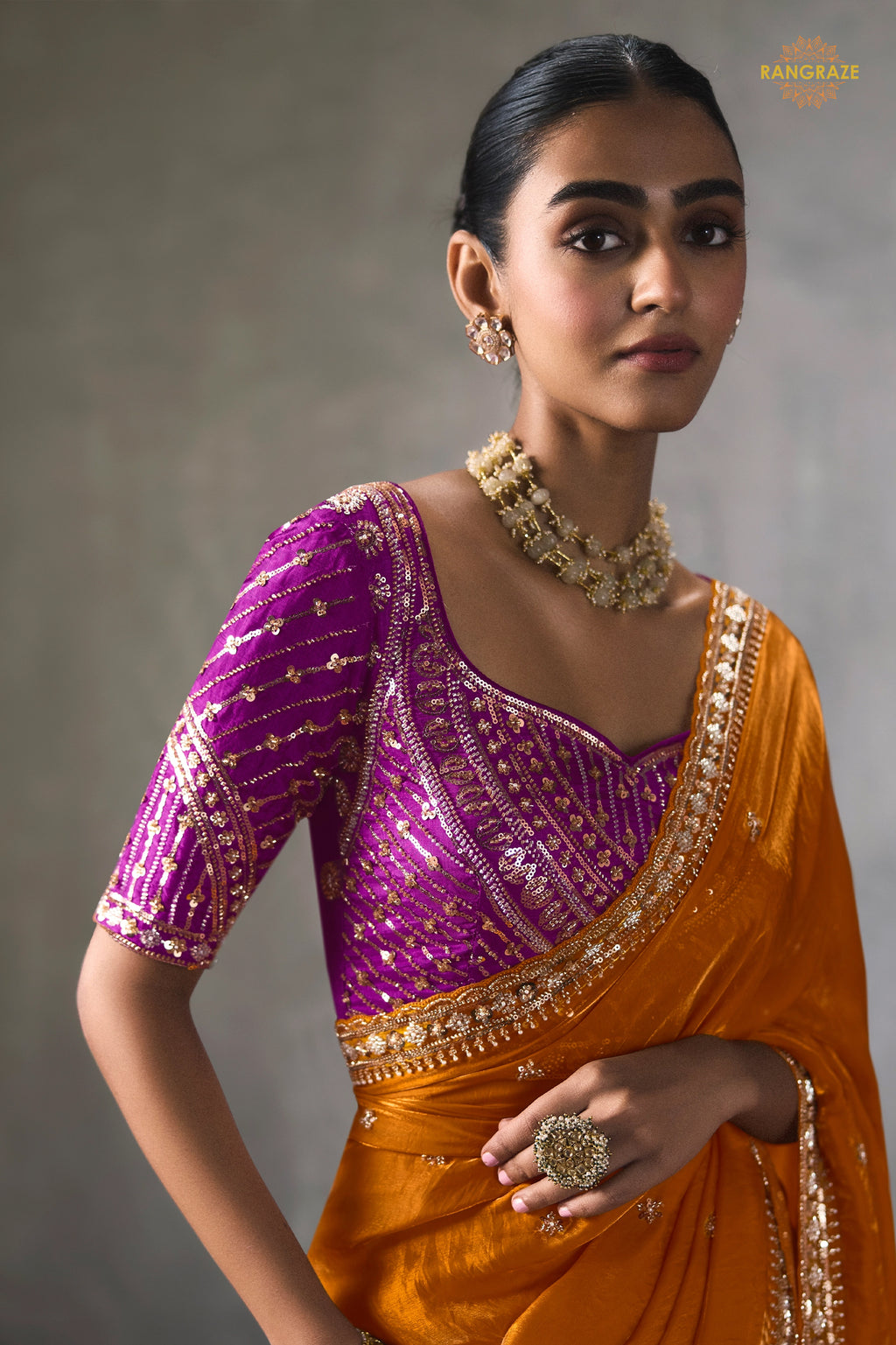 Orange Bead Work Sheer Texture Silk Saree