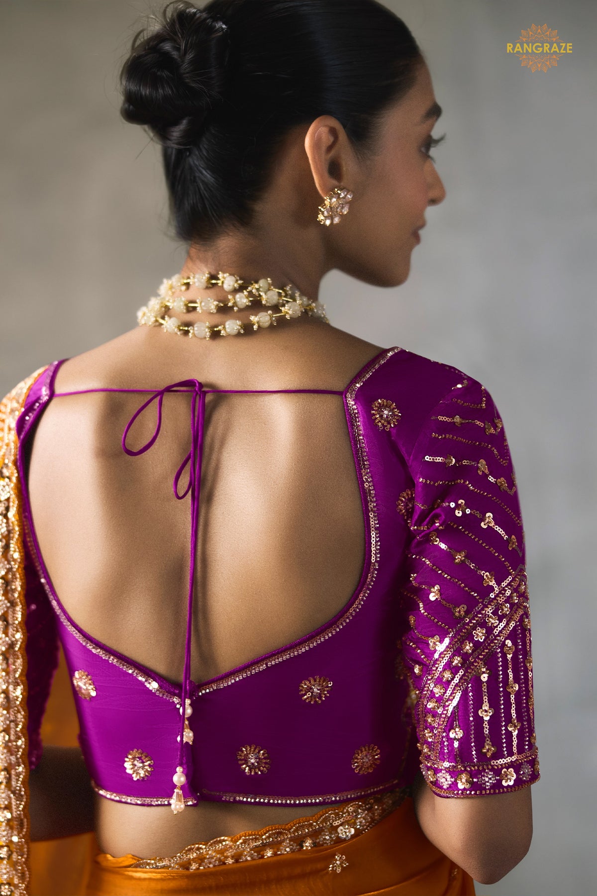 Orange Bead Work Sheer Texture Silk Saree