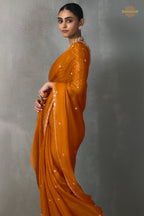 Orange Bead Work Sheer Texture Silk Saree