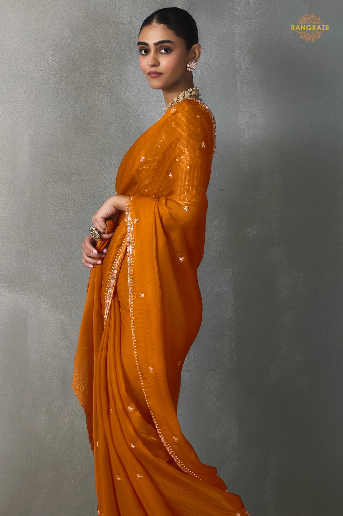 Orange Bead Work Sheer Texture Silk Saree