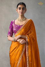 Orange Bead Work Sheer Texture Silk Saree