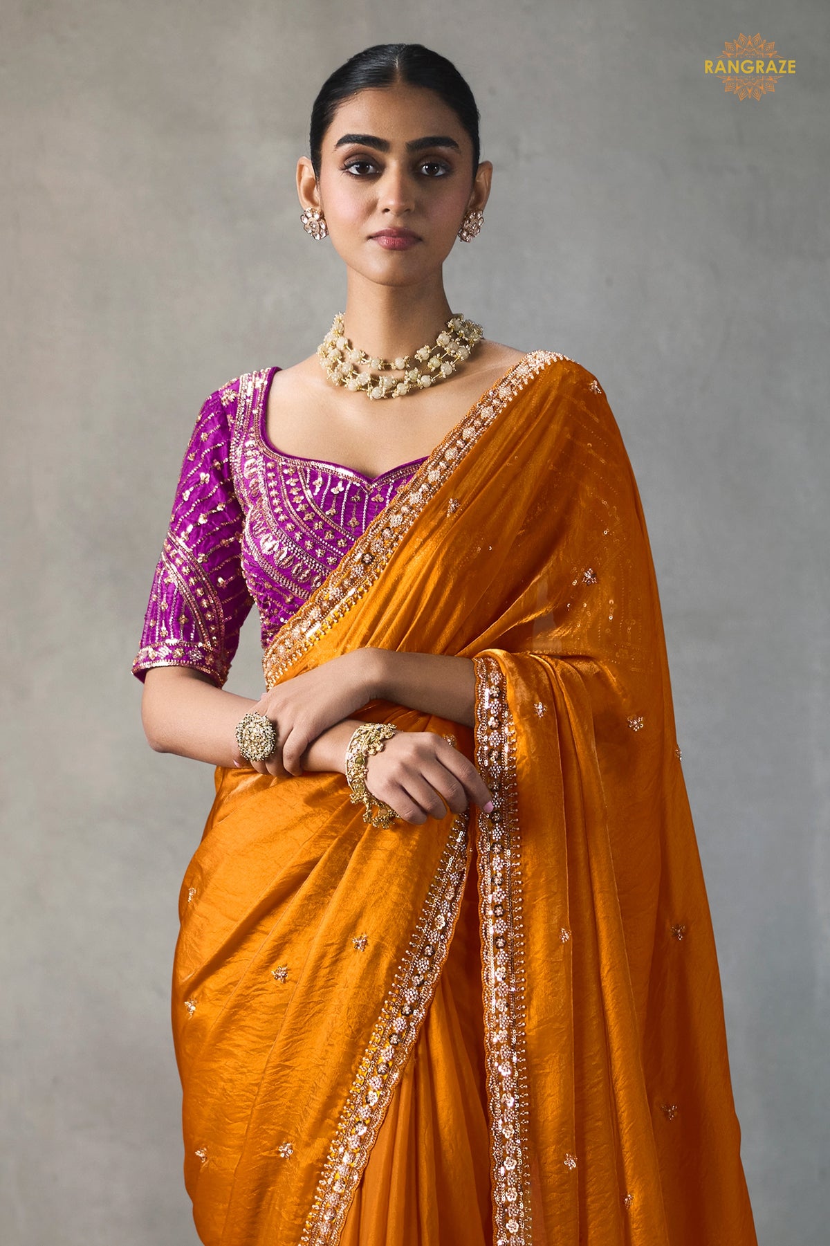 Orange Bead Work Sheer Texture Silk Saree