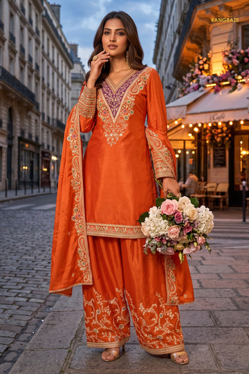 Orange Stitched Embroidered Chinnon Suit Set with Intricate Floral Work
