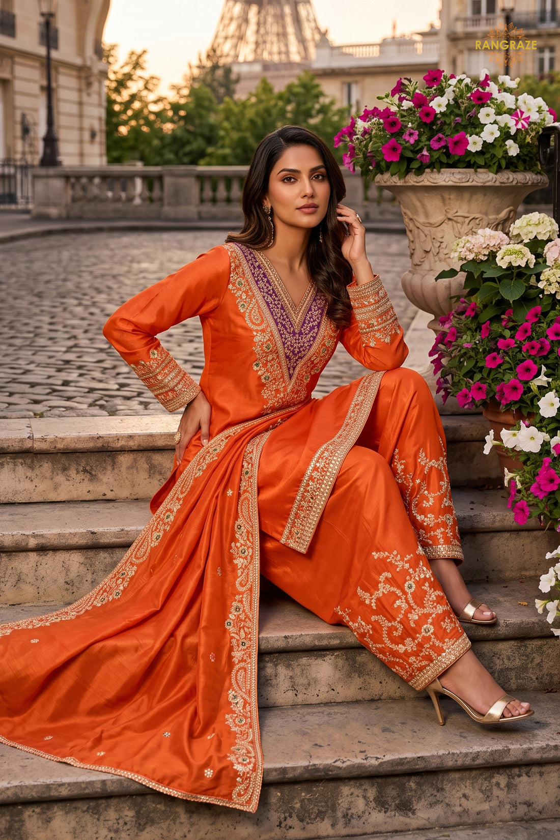 Orange Stitched Embroidered Chinnon Suit Set with Intricate Floral Work