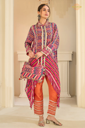 Orange Readymade Embroidered Crepe Silk Suit