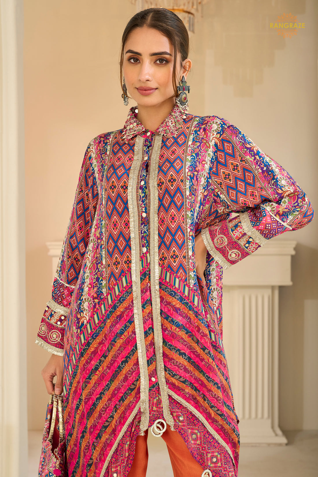 Orange Readymade Embroidered Crepe Silk Suit