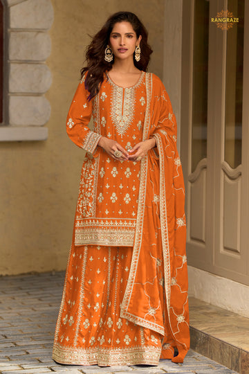 Orange Stitched Embroidered Chinon Sharara Suit