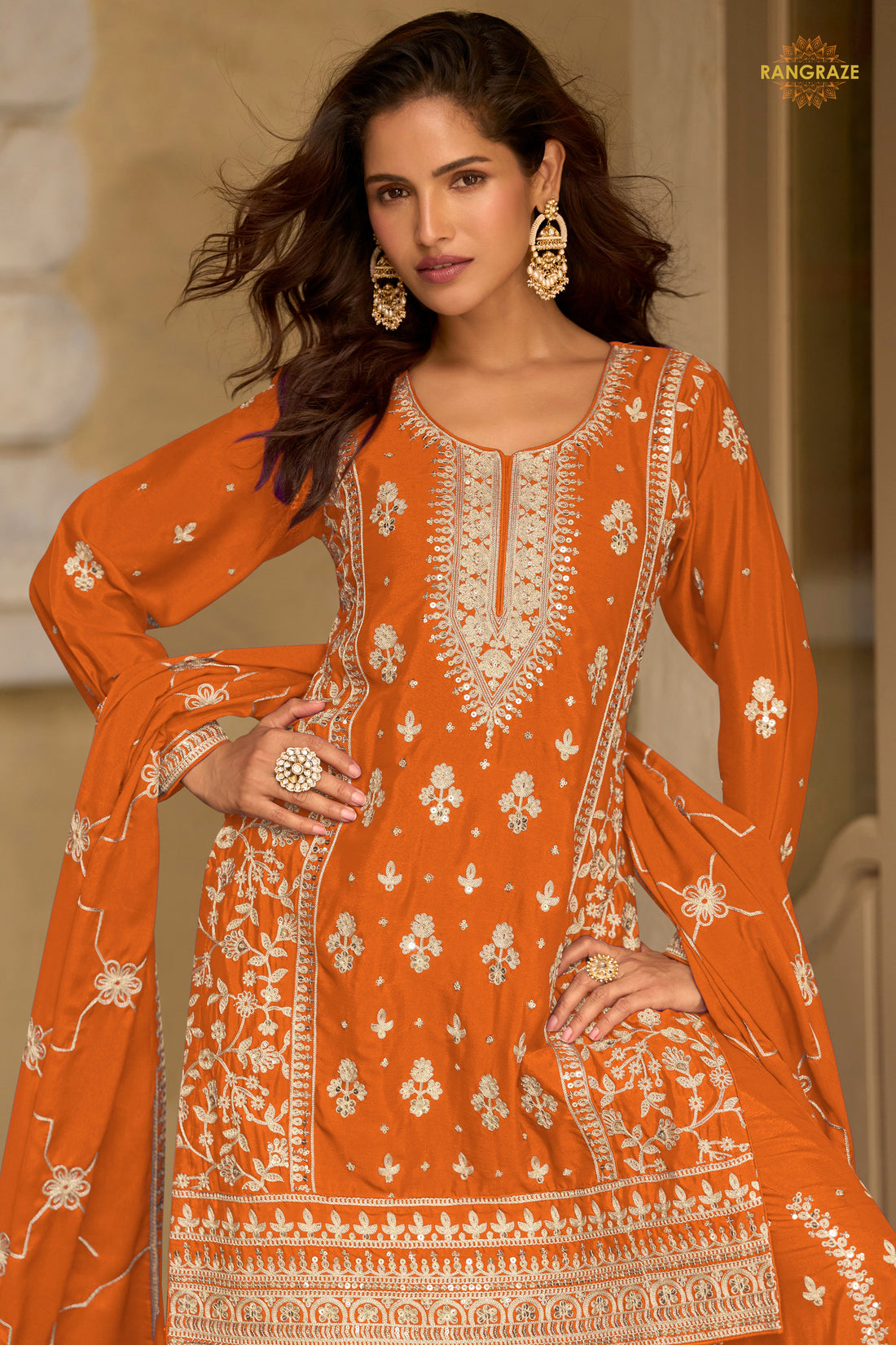 Orange Stitched Embroidered Chinon Sharara Suit