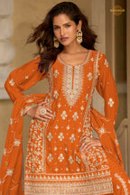 Orange Stitched Embroidered Chinon Sharara Suit
