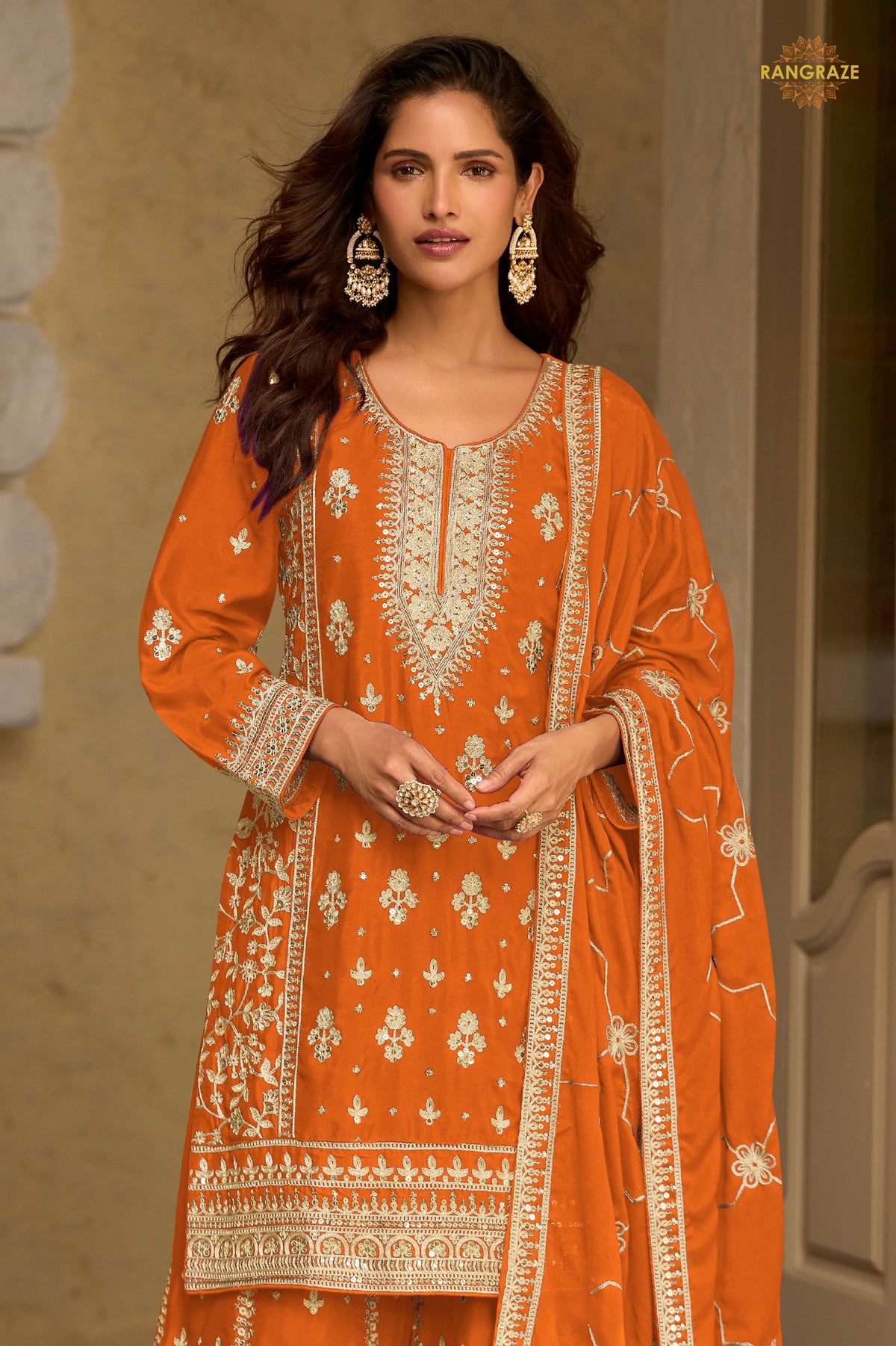 Orange Stitched Embroidered Chinon Sharara Suit