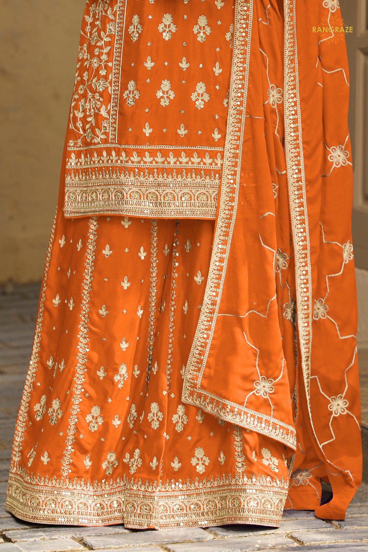 Orange Stitched Embroidered Chinon Sharara Suit