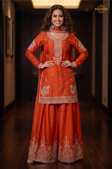 Orange Stitched Embroidered Chinon Sharara Suit