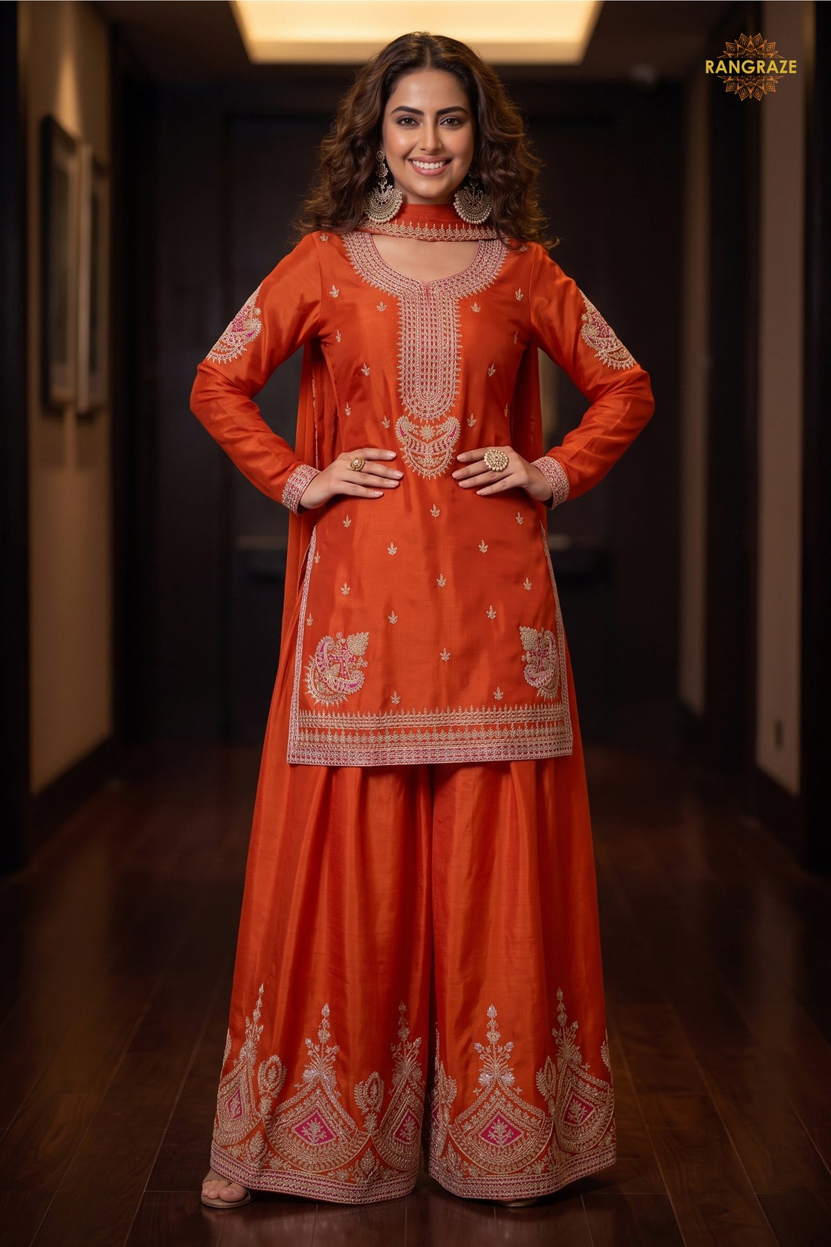 Orange Stitched Embroidered Chinon Sharara Suit