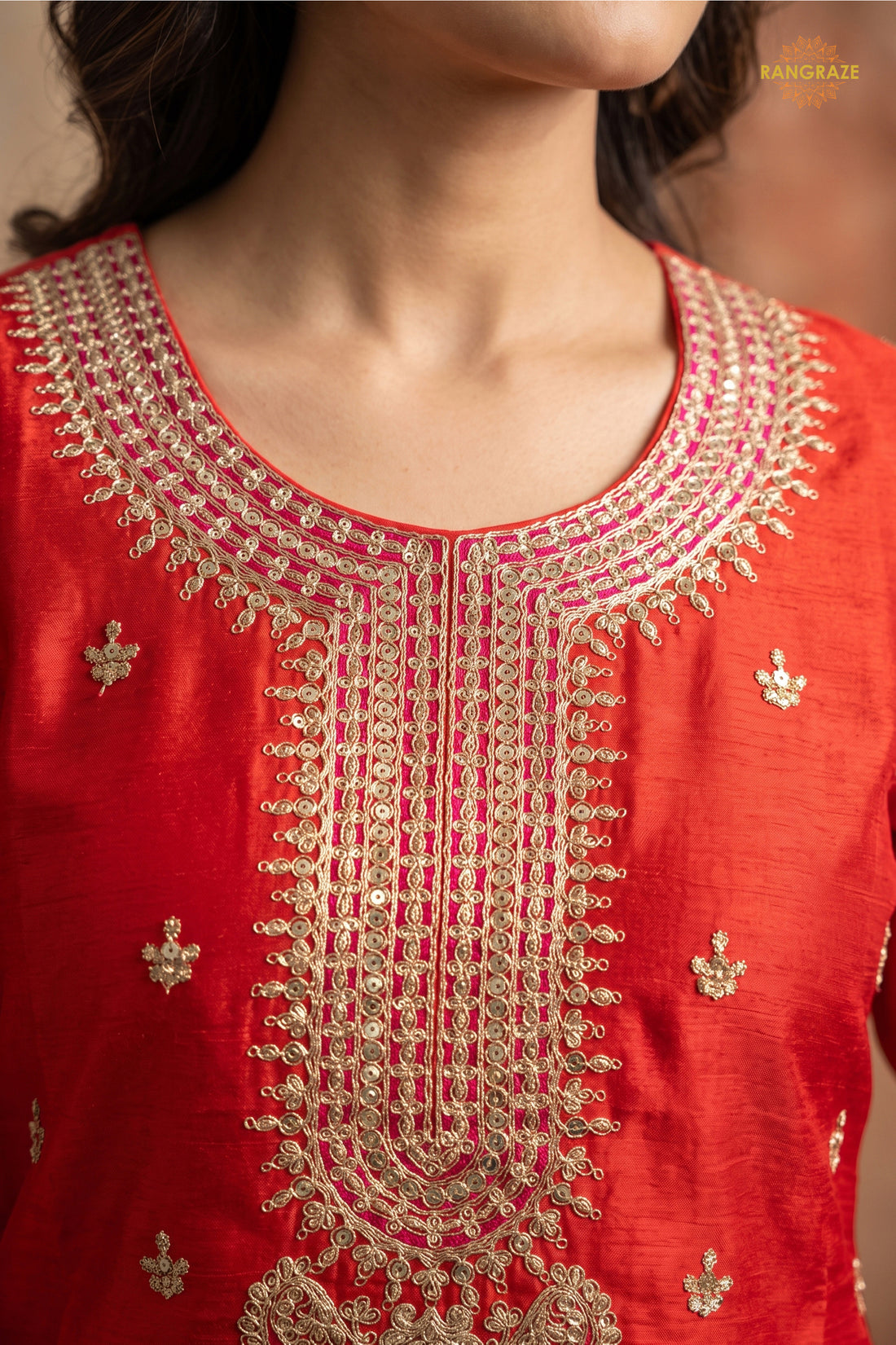Orange Stitched Embroidered Chinon Sharara Suit