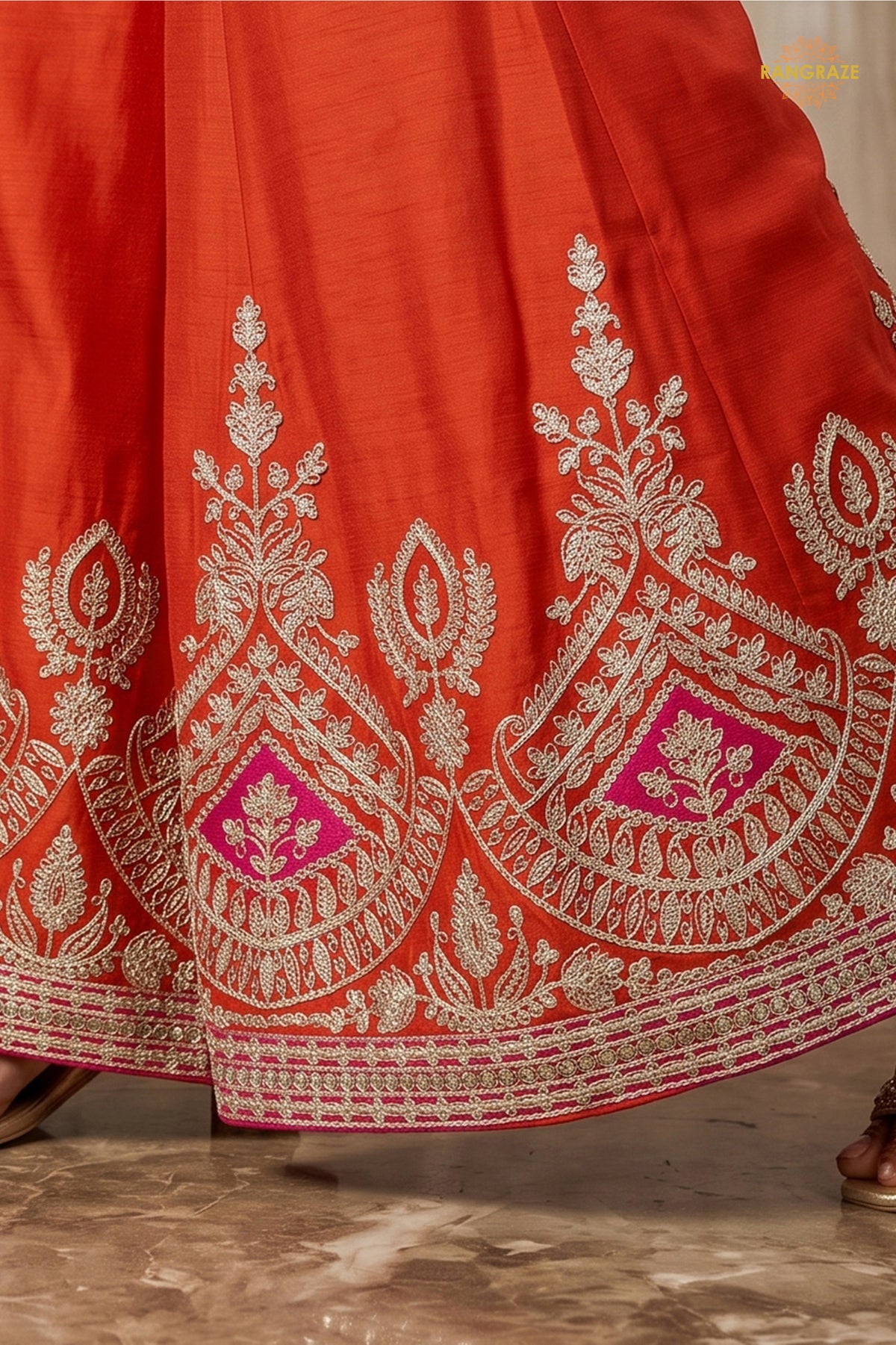 Orange Stitched Embroidered Chinon Sharara Suit