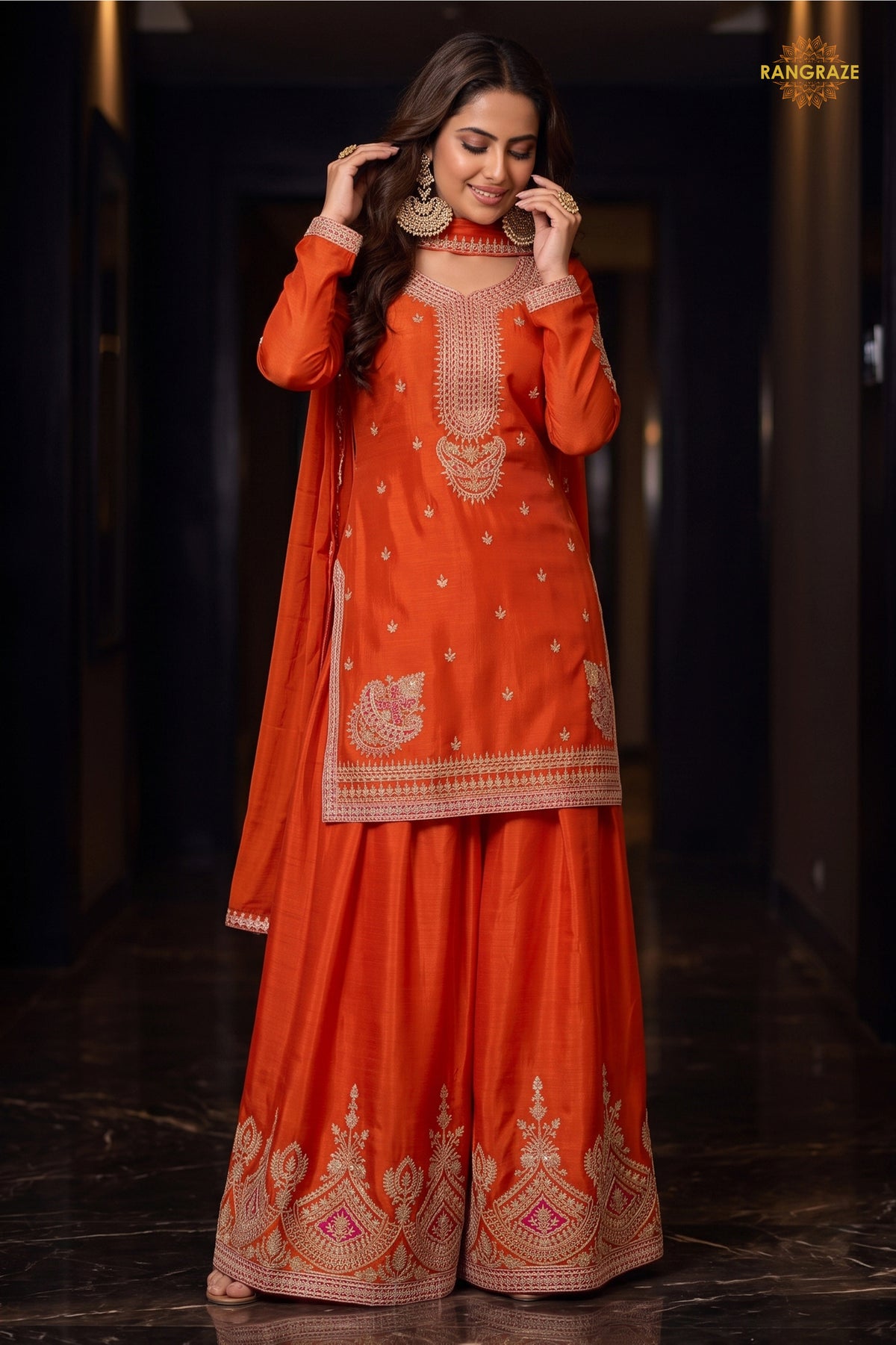 Orange Stitched Embroidered Chinon Sharara Suit